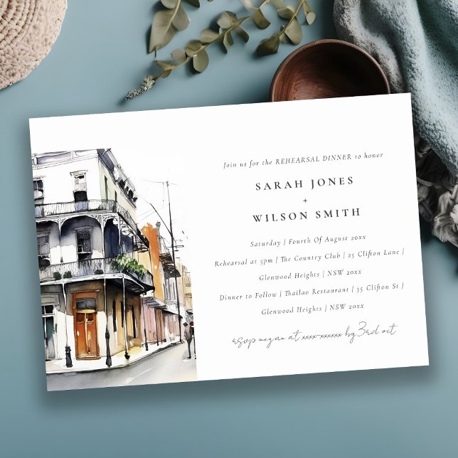 New Orleans Louisiana Watercolor Rehearsal Dinner Invitation (Creator Uploaded)