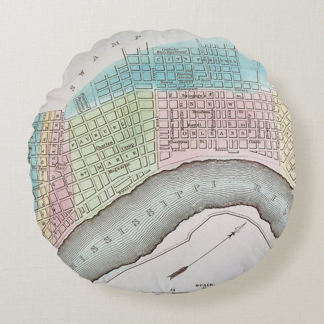 New Orleans Map, 1837 Round Cushion (Front)