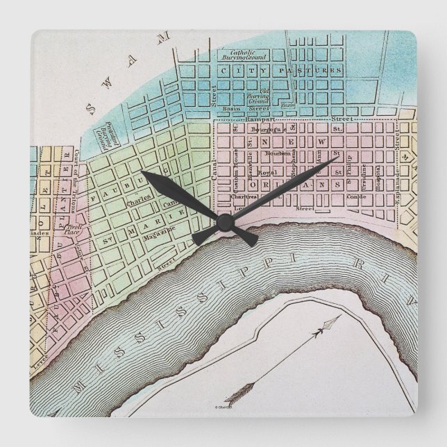 New Orleans Map, 1837 Square Wall Clock (Front)