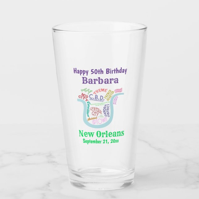 New Orleans Map Birthday Party Favour Beer Pint Glass (Front)