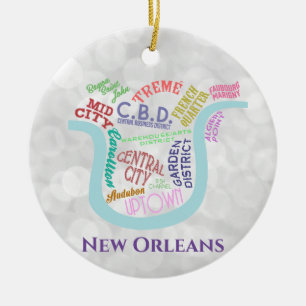 New Orleans Map Nola Word Typography Christmas Ceramic Tree Decoration