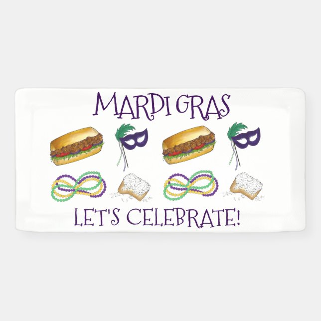 New Orleans Mardi Gras Beignet Beads Mask Po'Boy Banner (Horizontal)