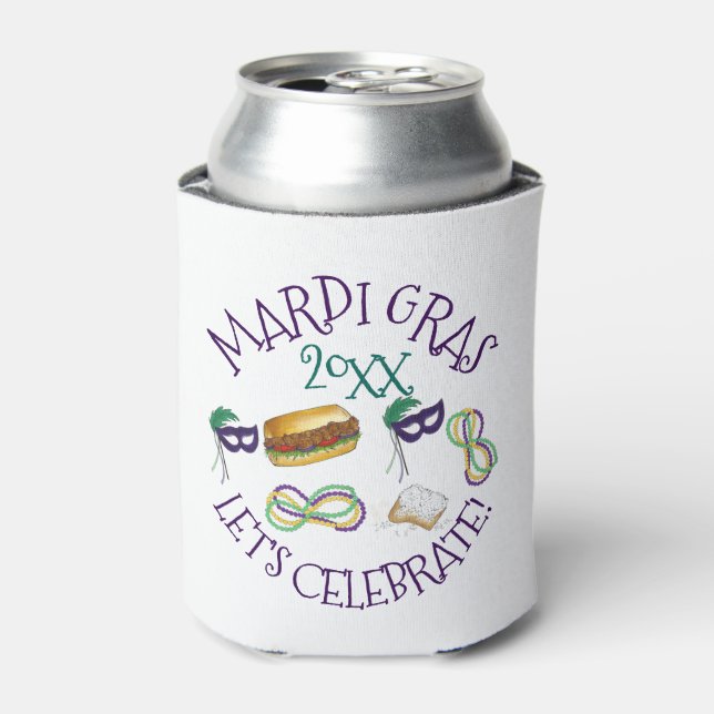New Orleans Mardi Gras Beignet Beads Mask Po'Boy Can Cooler (Can Front)