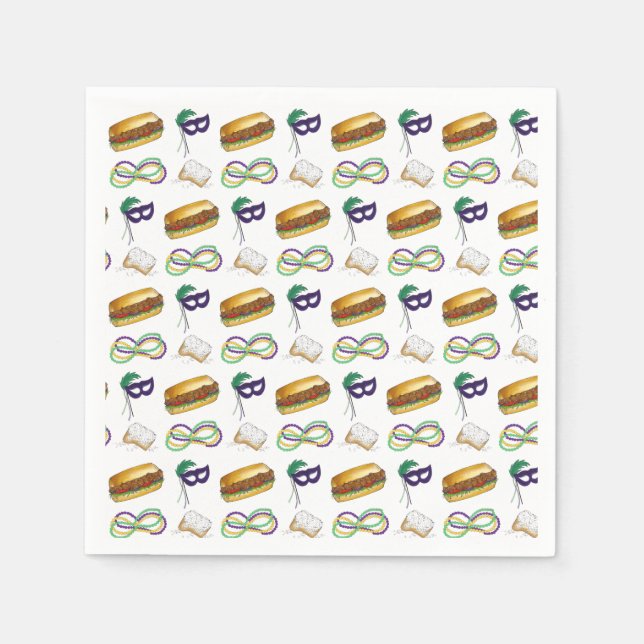 New Orleans Mardi Gras Beignet Beads Mask Po'Boy Napkin (Front)