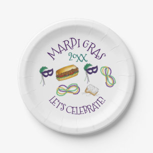 New Orleans Mardi Gras Beignet Beads Mask Po'Boy Paper Plate
