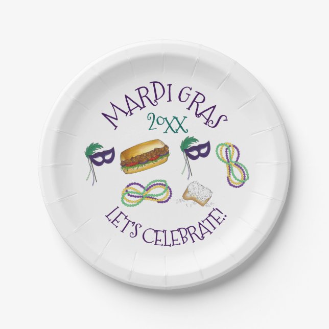 New Orleans Mardi Gras Beignet Beads Mask Po'Boy Paper Plate (Front)