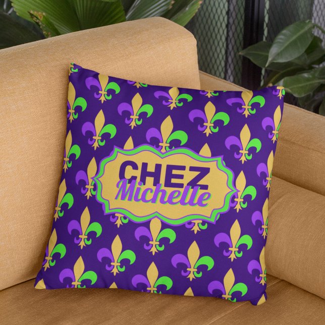 New Orleans Mardi Gras House Party Fleur Your Name Cushion (Photo approximates the 20 inch size of this pillow.)