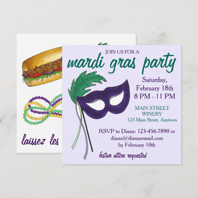 New Orleans Mardi Gras Masquerade Mask Ball Party Invitation (Front/Back)