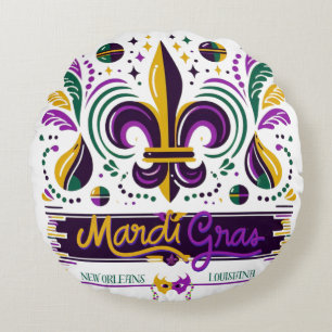 New Orleans Mardi Gras purple yellow green Round Cushion