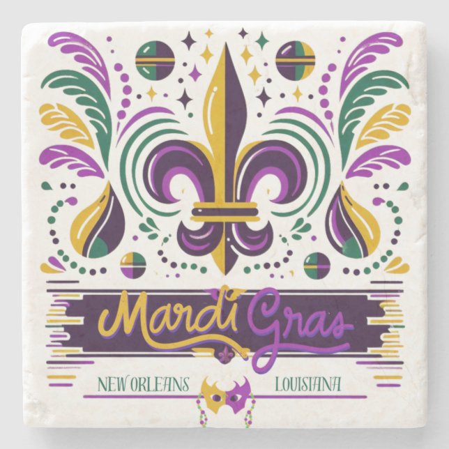 New Orleans Mardi Gras purple yellow green Stone Coaster (Front)