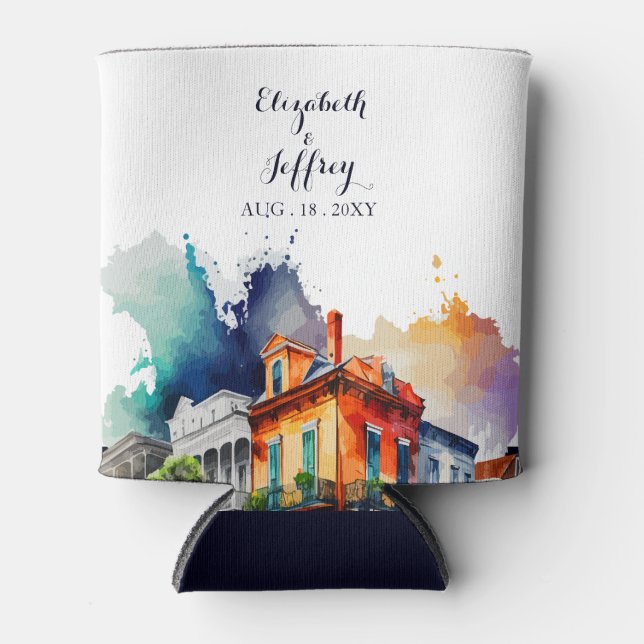 New Orleans Nola Louisiana - Watercolor wedding Can Cooler (Front)