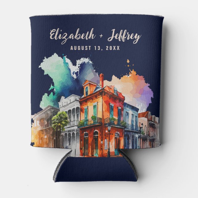 New Orleans Nola Louisiana - Watercolor Wedding Can Cooler (Front)