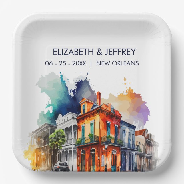 New Orleans Nola Louisiana - Watercolor  Wedding Paper Plate (Front)