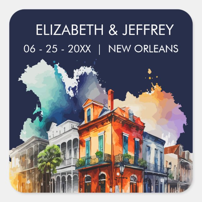 New Orleans Nola Louisiana - Watercolor  Wedding Square Sticker (Front)