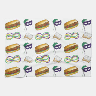 New Orleans NOLA Mardi Gras Beads Food Mask Tea Towel