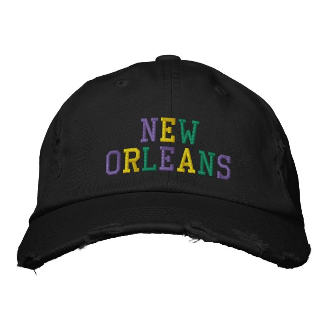 NEW ORLEANS Purple Gold Green Black distressed Embroidered Hat (Front)