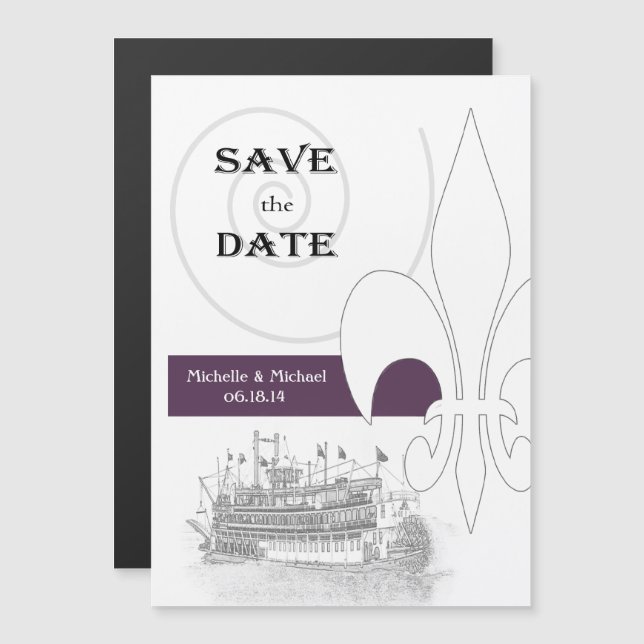 New Orleans Riverboat Save the Date Purple Magnetic Invitation (Front/Back)