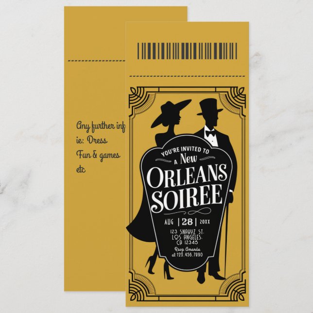 New Orleans Soirée Ticket Style Invitation (Front/Back)
