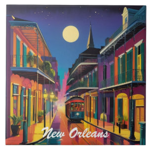 New Orleans Street & Streetcar by Night Tile