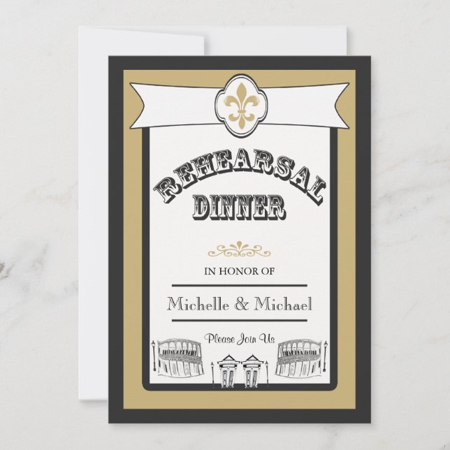 New Orleans Wedding Rehearsal Dinner Black Gold 1 Invitation (Front)