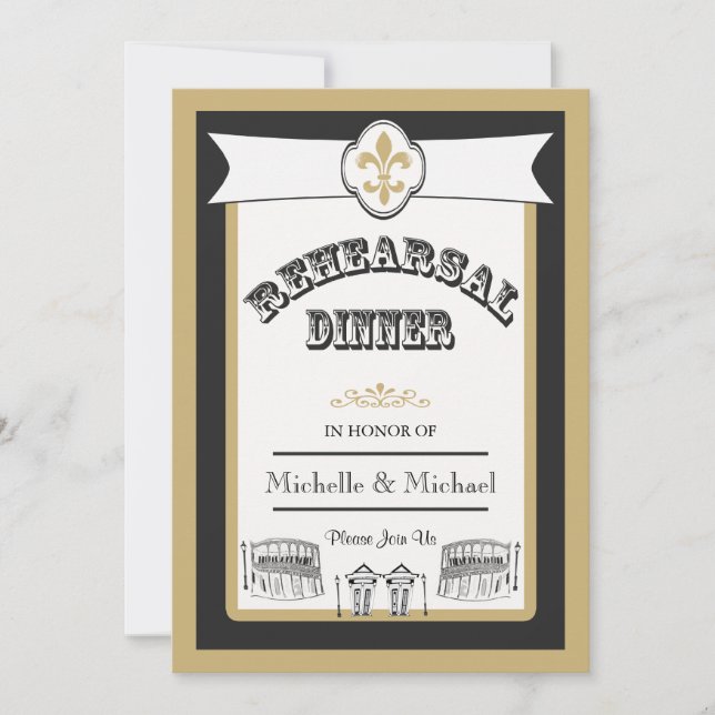 New Orleans Wedding Rehearsal Dinner Black Gold Invitation (Front)