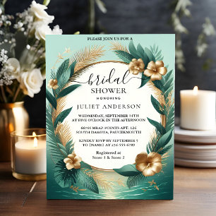 New Palm Tree Beach Green And Gold Bridal Shower Invitation