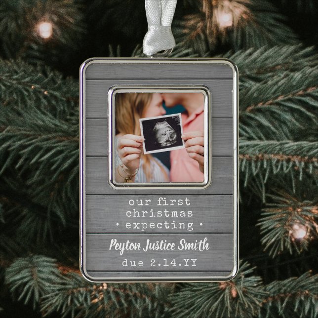 New Parents Expecting Baby Photo Grey Faux Wood Silver Plated Framed Ornament (Creator Uploaded)