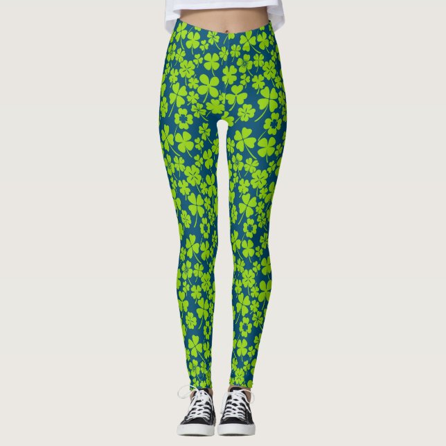 New pattern.Clover leaves 01 Blue BG Leggings (Front)