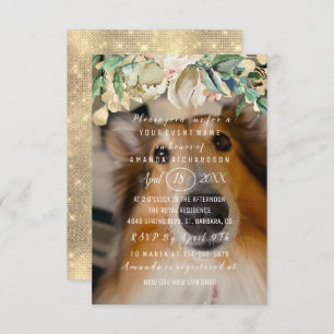 New Pet Dog Photo Flowers Brunch Spark Gold Invitation