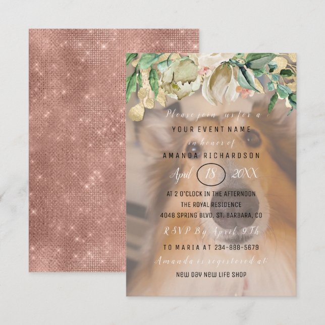 New Pet Dog Photo  Flowers Gold Rose BLush Invitation (Front/Back)