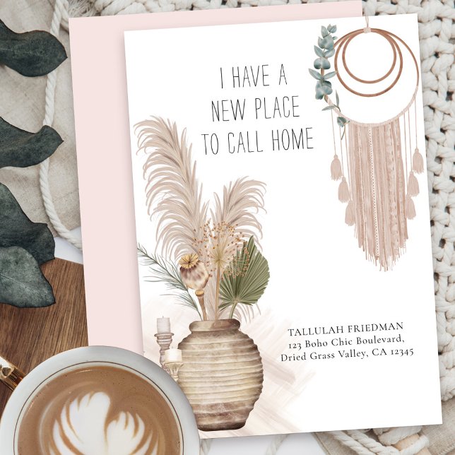 New Place to Call Home Boho Chic Rustic Moving Announcement (Boho moving announcement postcard with macrame wallhanging, pampas and dried palm)