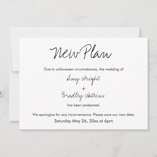 "New Plan" Casual Postponed Wedding Announcement (Front)