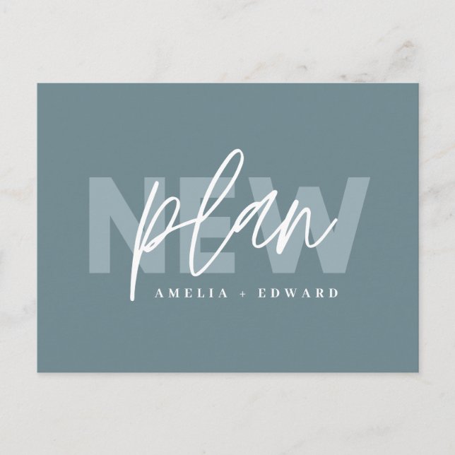 New plan modern typography wedding change the date announcement postcard (Front)