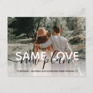 New plan modern typography wedding change the date announcement postcard