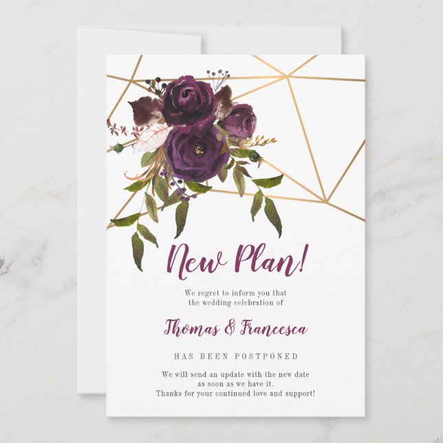 New Plan! Plum Floral Geometric Postponed Wedding Invitation (Front)