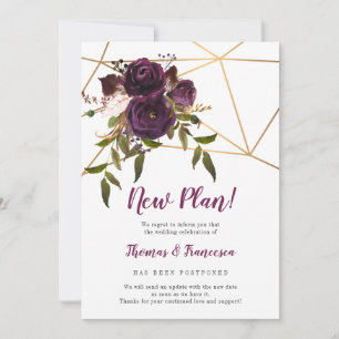 New Plan! Plum Floral Geometric Postponed Wedding Invitation