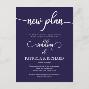 New Plan Postponed Wedding Announcement Navy Blue Postcard