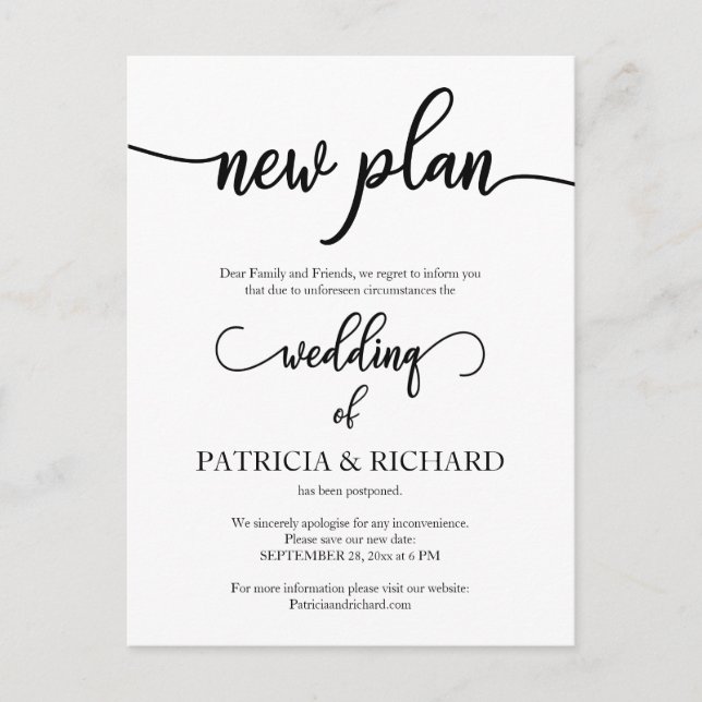 New Plan Postponed Wedding Announcement Postcard (Front)