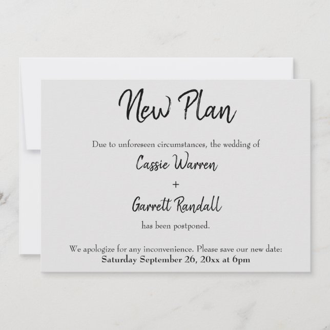 "New Plan" Postponed Wedding Black on Grey Card (Front)