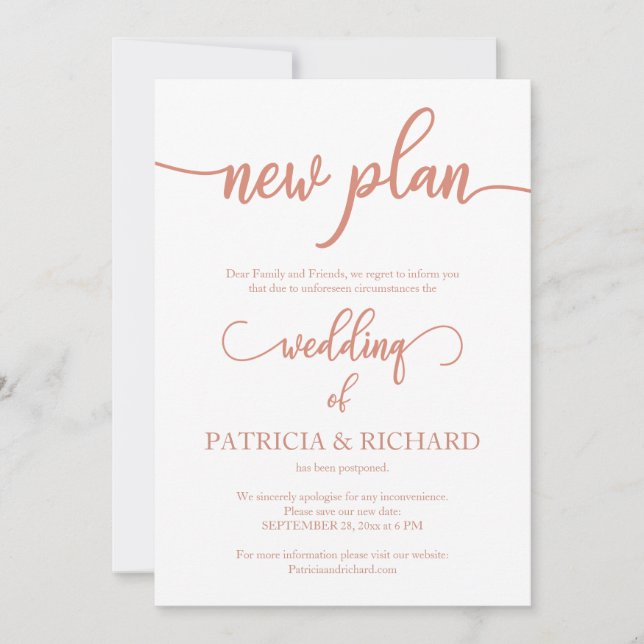 New Plan Postponed Wedding Elegant Rose Gold Invitation (Front)