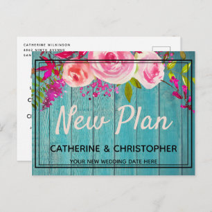New Plan Rustic Blue Wood Floral Wedding Postponed Postcard