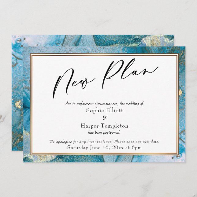 "New Plan" Teal & Gold Ink Postponed Wedding Card (Front/Back)