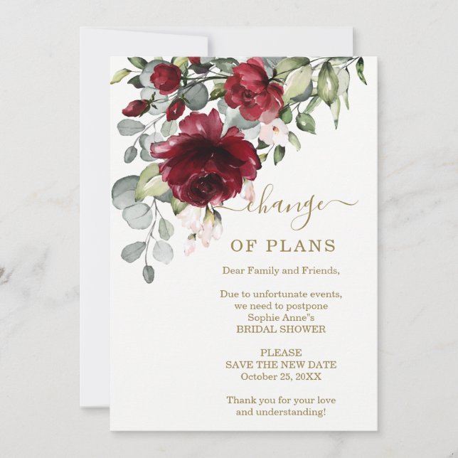 New Plans Burgundy Flowers Bridal Shower Postponed Invitation (Front)