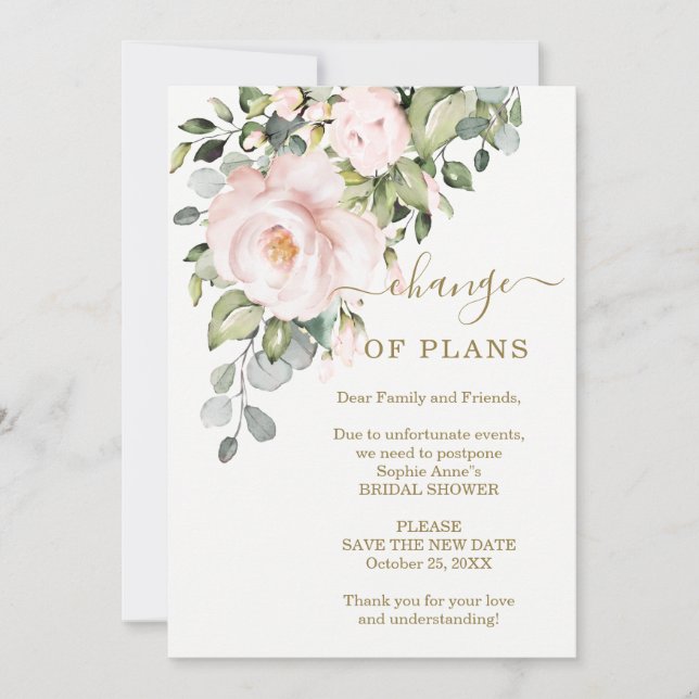 New Plans Pink Flowers Bridal Shower Postponed Invitation (Front)
