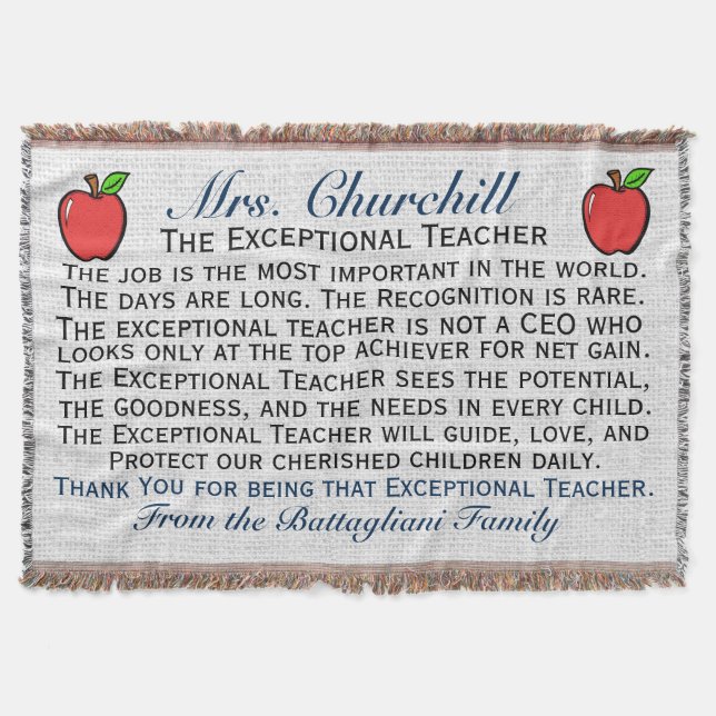 NEW Popular EXCEPTIONAL Teacher Thank You Throw Blanket (Front)