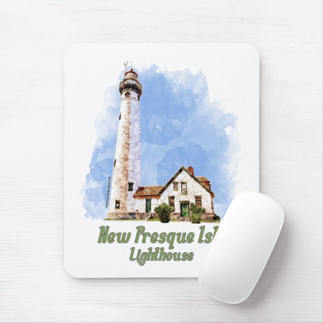 New Presque Isle Lighthouse Watercolor - Michigan Mouse Mat (With Mouse)