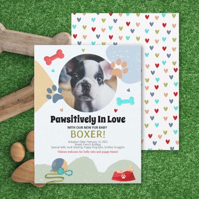 New Puppy Announcement Card (Bright puppy announcement card with hearts, dog-themed details, and personalization for your new pup)