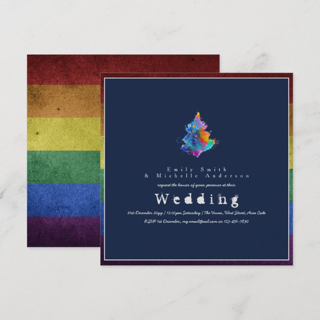 NEW Rainbow Christmas Tree LGBT Pride Gay Wedding Invitation (Front/Back)