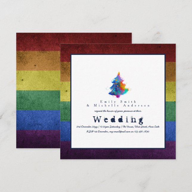 NEW Rainbow Christmas Tree LGBT Pride Gay Weddings Invitation (Front/Back)