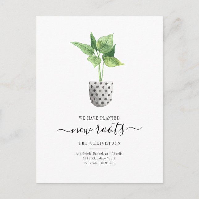 New Roots Simple Watercolor Plant Moving Announcement Postcard (Front)
